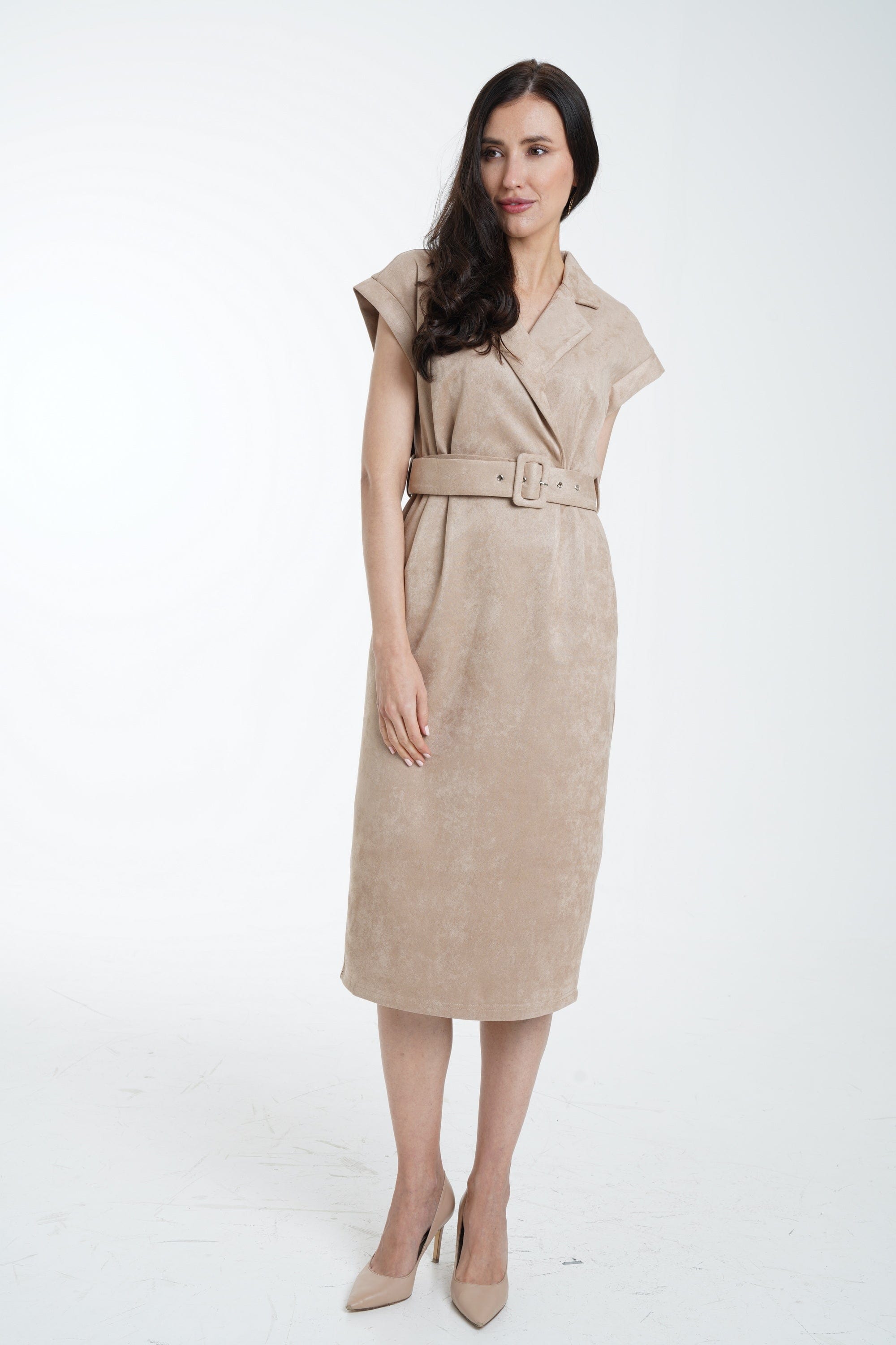 ميكا فستان ميدي سادة بحزام على الخصر كم قصير نسائي بني فاتح