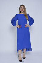 نتشي فستان ميدي قصير من الأمام طويل من الخلف بأكمام طويلة أزرق ملكي