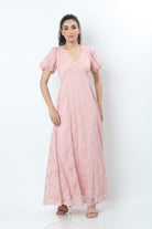 نتشي فستان طويل سهرة شفاف مبطن كم قصير منفوخ