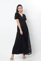 نتشي فستان طويل سهرة شفاف مبطن كم قصير منفوخ