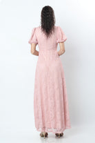 نتشي فستان طويل سهرة شفاف مبطن كم قصير منفوخ