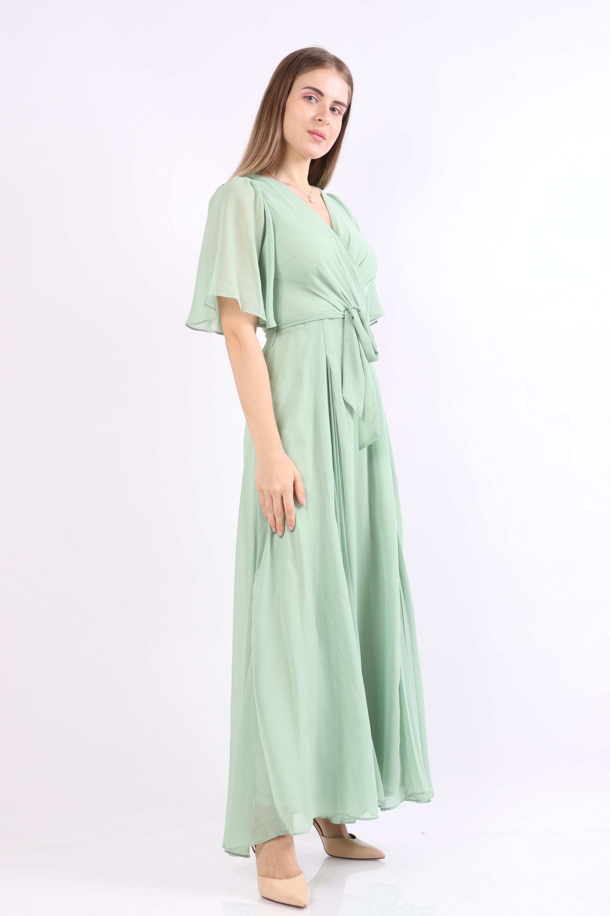 نتشي فستان ماكسي طويل نص كم شفاف