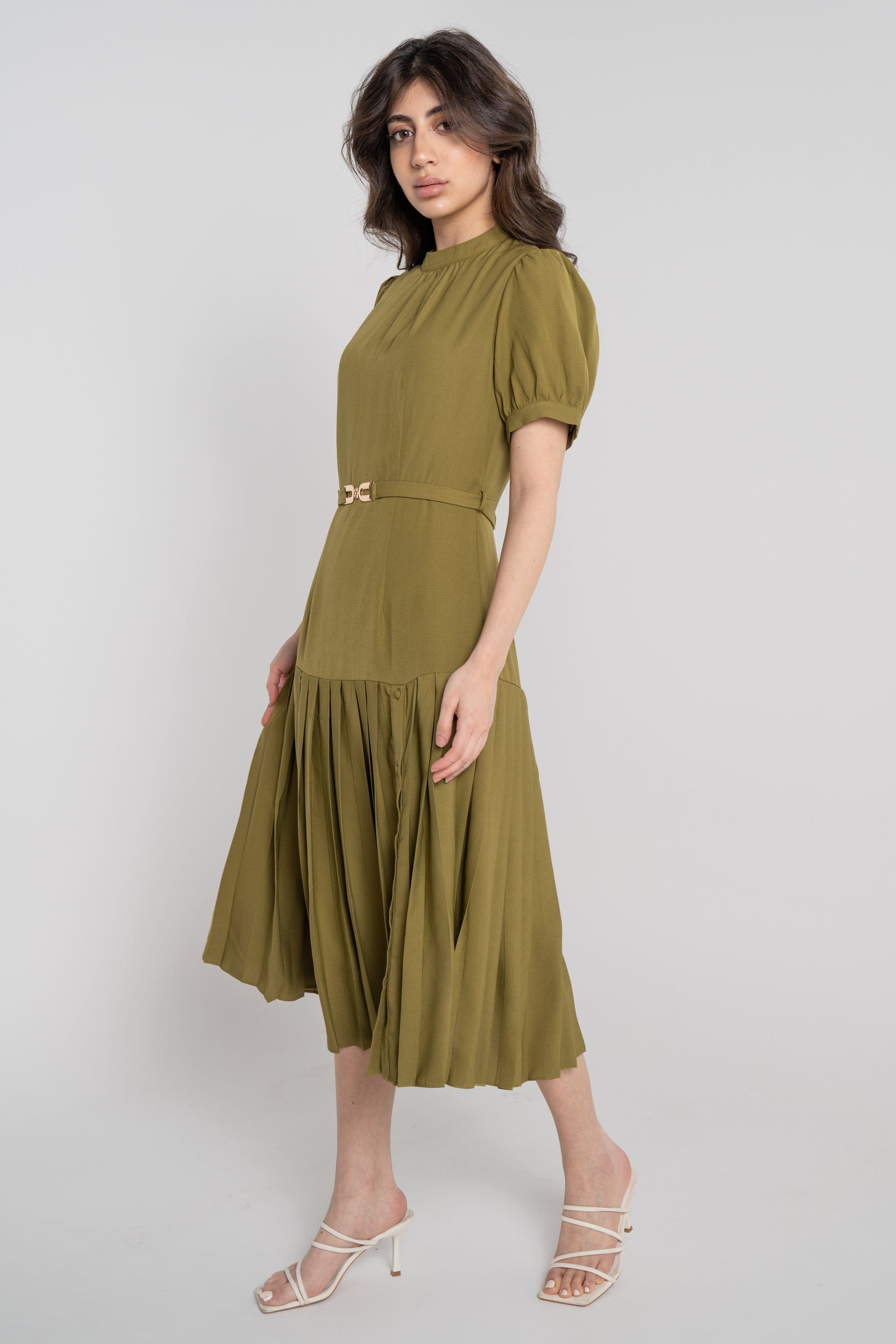 نتشي فستان ميدي سادة بكسرات من أسفل بأزرار جانبية نسائي