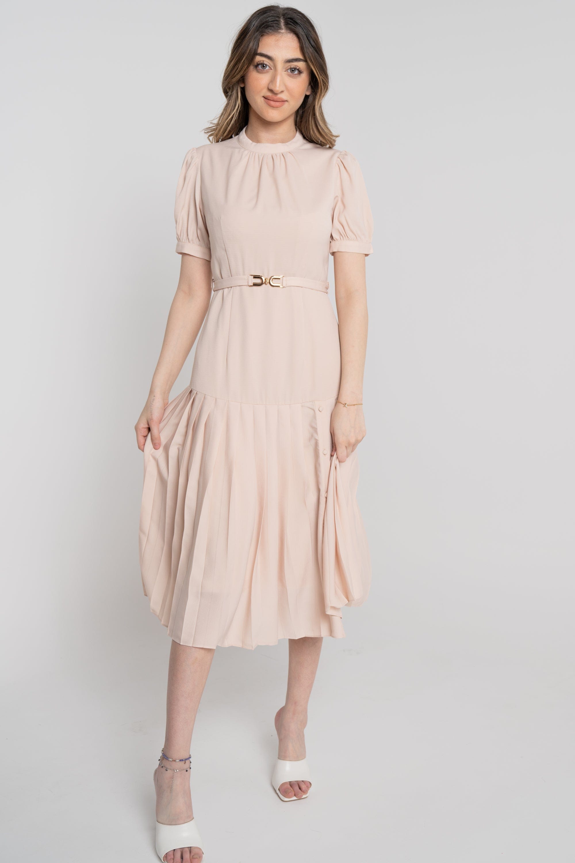 نتشي فستان ميدي سادة بكسرات من أسفل بأزرار جانبية نسائي