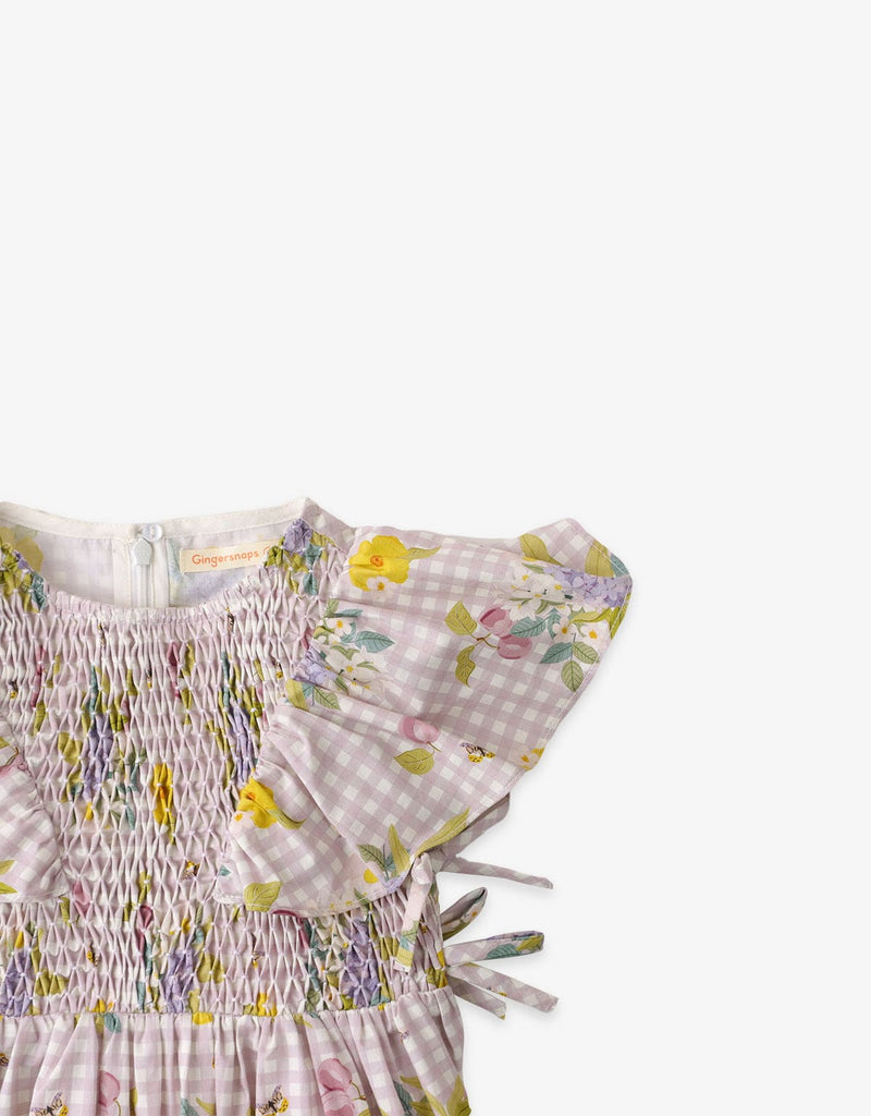 جينجرسنابس فستان مربعات مع نقشة ورد مخصر كم قصير بناتي متعدد الألوان