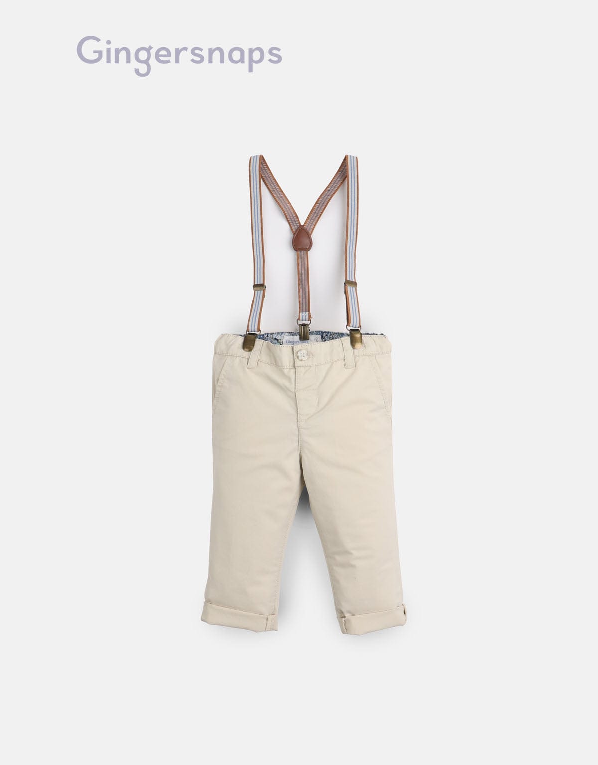 جينجرسنابس بنطال اولادي للرضع سادة بثنية من الأسفل بحمالات بيج