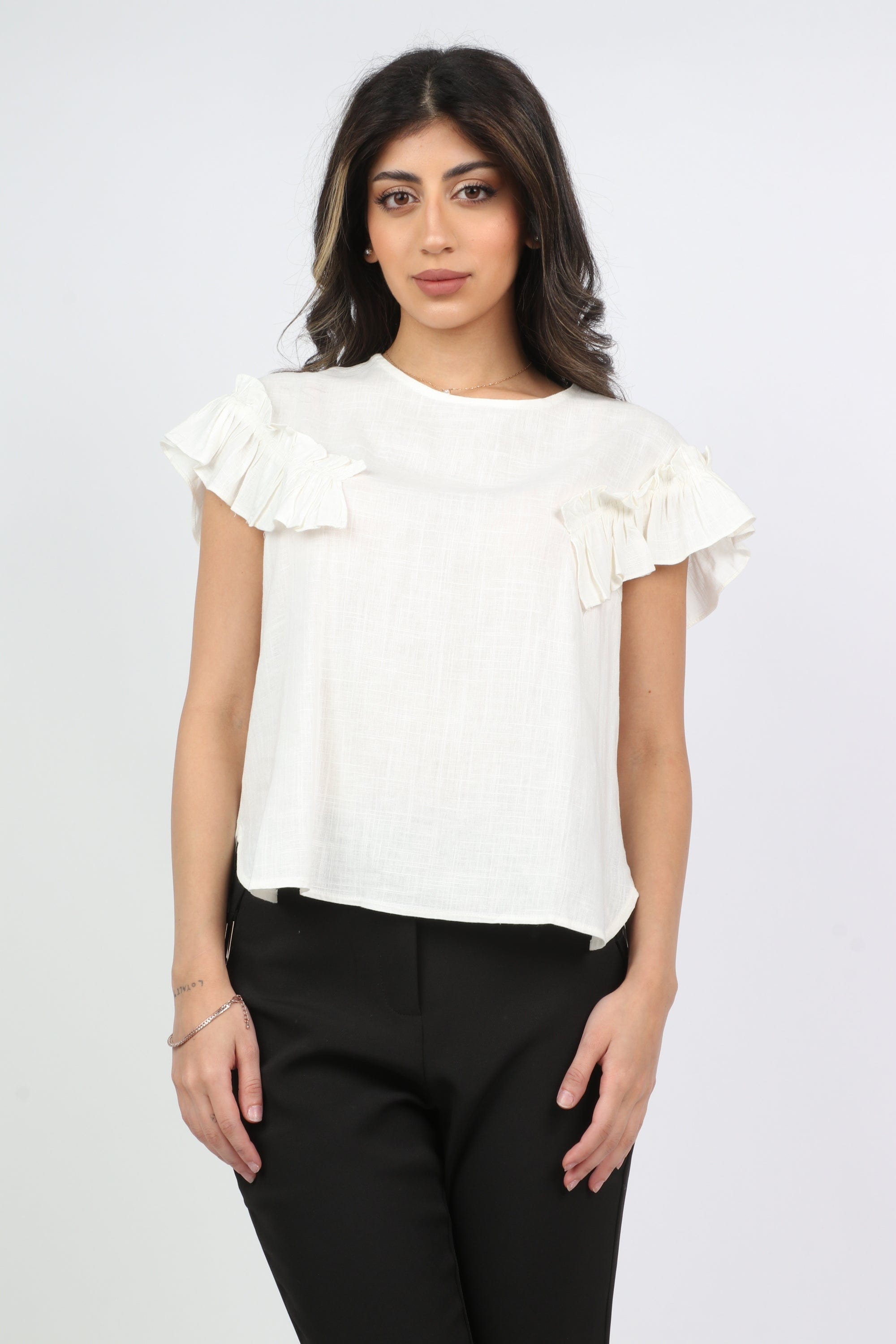 نتشي بلوزة رسمية فسكوزة بأكمام قصيرة كشكش نسائي