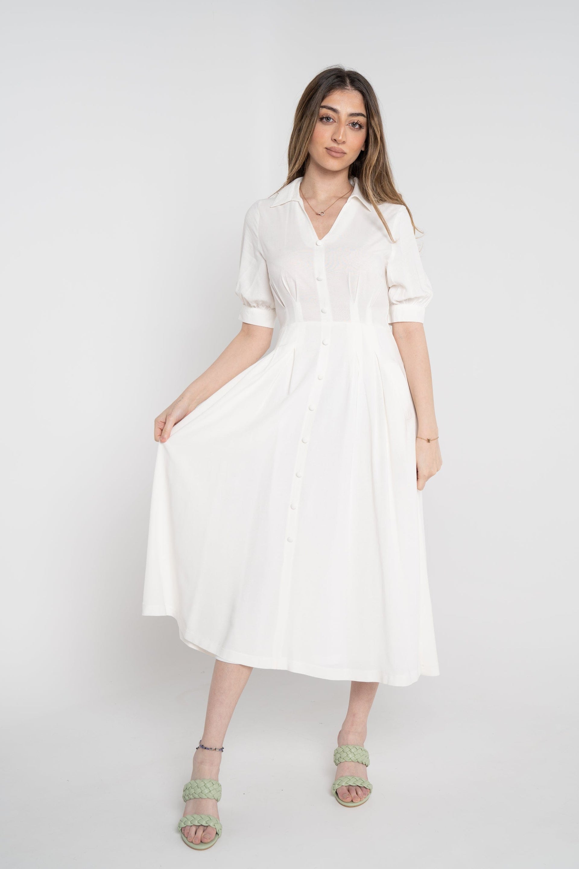 Shop White Solid Midi Short-Sleeve Dress Casual Fashion SA