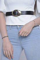 نتشي حزام جلد رفيع نسائي مع توكة بيضاوية معدن نسائي