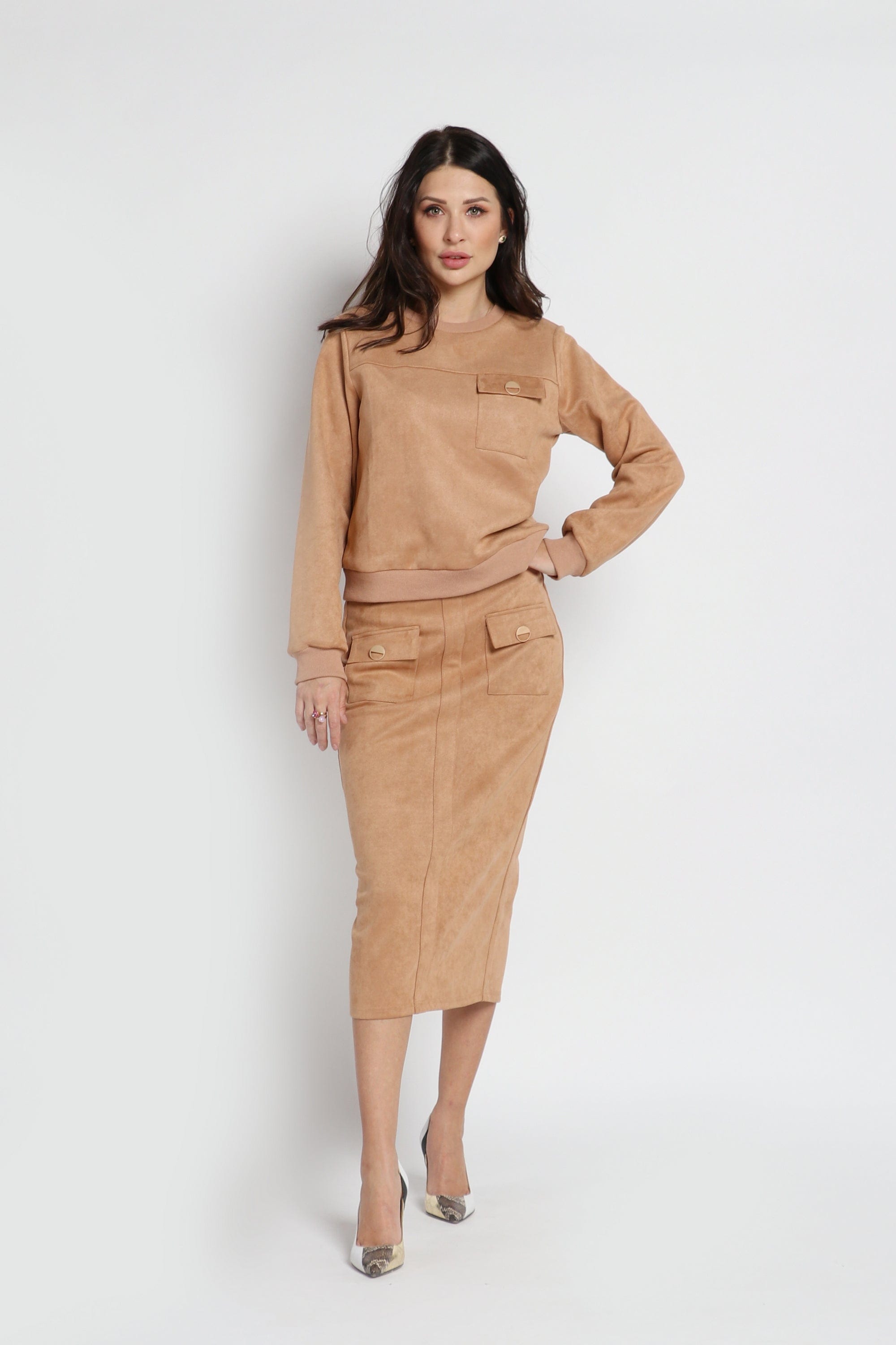 نتشي تنورة ميدي خصر مرتفع مضلع جملي