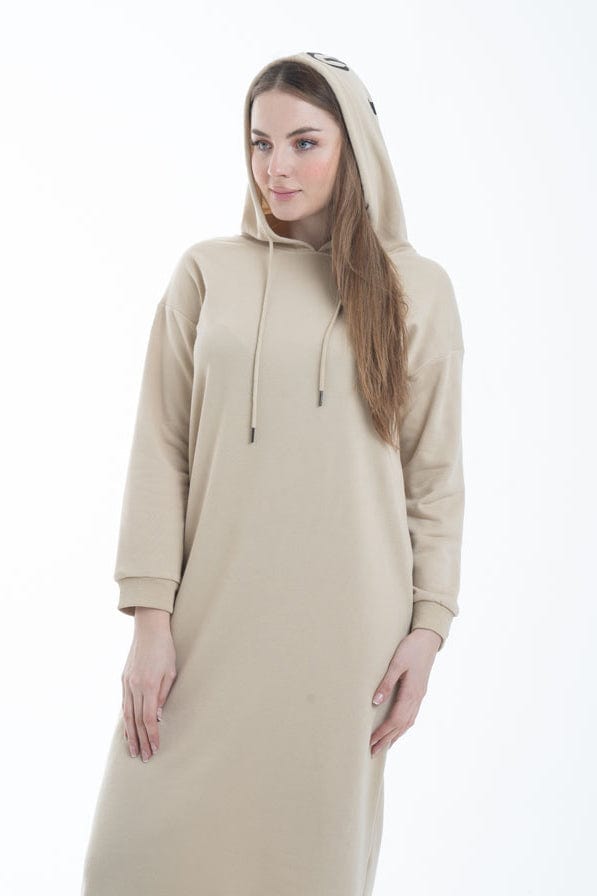 نتشي فستان ميدي بأكمام طويلة وجيب امامي ملحق بهودي