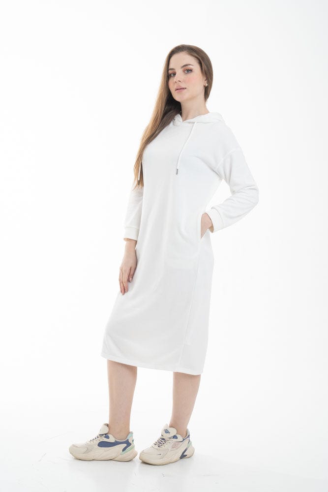 نتشي فستان ميدي بأكمام طويلة وجيب امامي ملحق بهودي