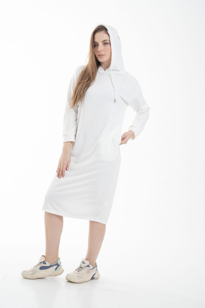 نتشي فستان ميدي بأكمام طويلة وجيب امامي ملحق بهودي