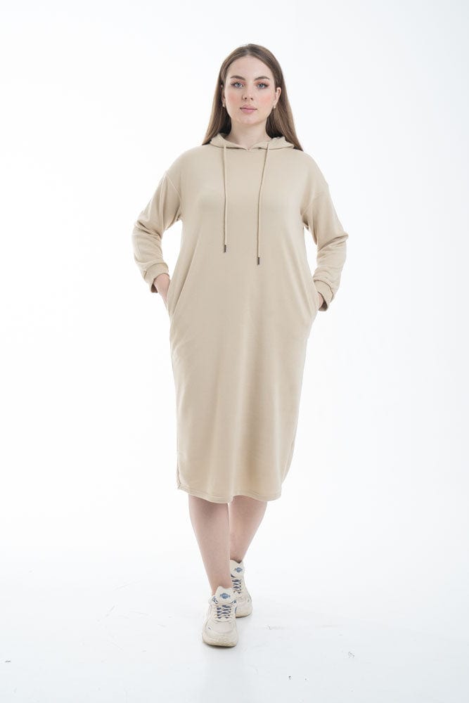 نتشي فستان ميدي بأكمام طويلة وجيب امامي ملحق بهودي