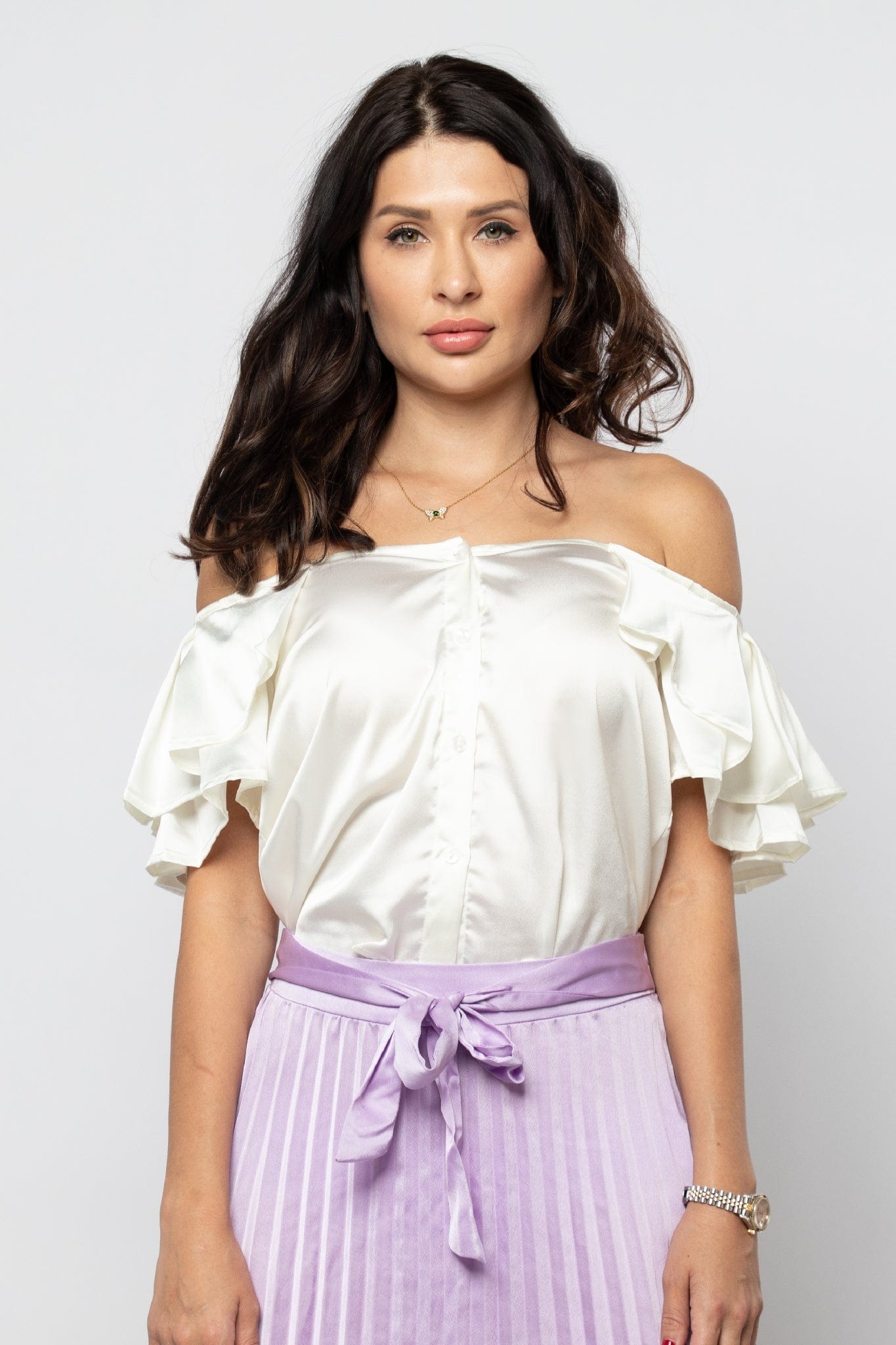 نتشي بلوزة ستان أوف شولدر أكمام مكشكشة نسائي