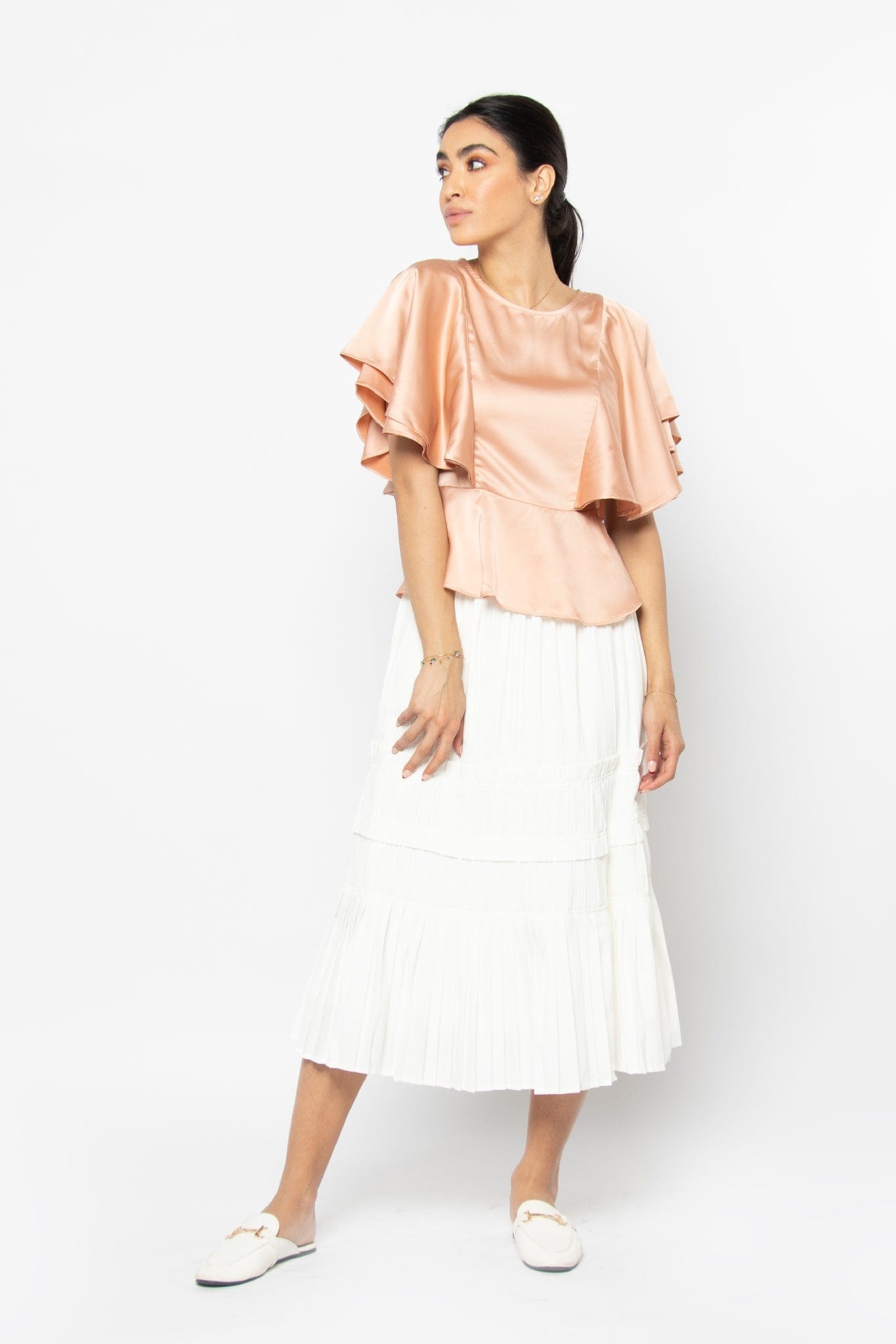 نتشي بلوزة ستان فراشة كم مكشكش طبقات طويل نسائي