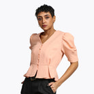 نتشي بلوزة رسمية بأزرار أمامية مخصرة نص كم منفوخ نسائي