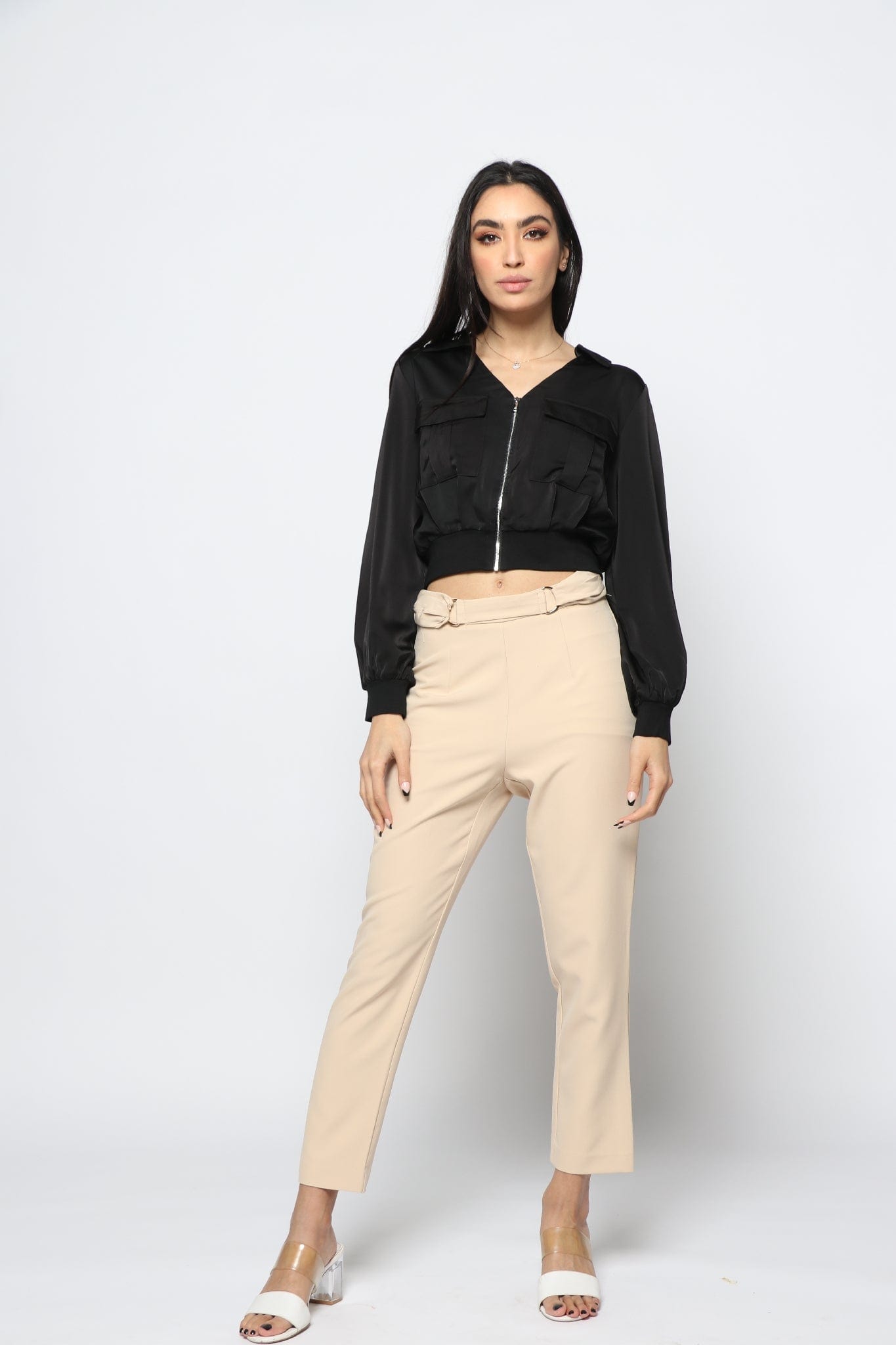 نتشي بلوزة نص بطن مخصر بسحاب كم طويل نسائي