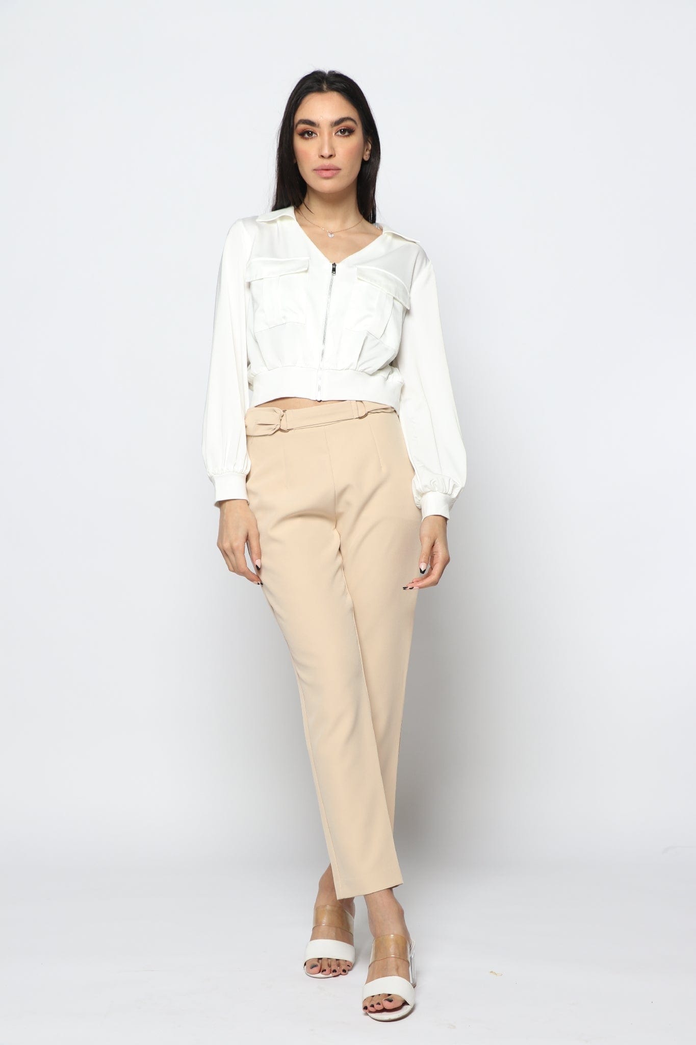 نتشي بلوزة نص بطن مخصر بسحاب كم طويل نسائي