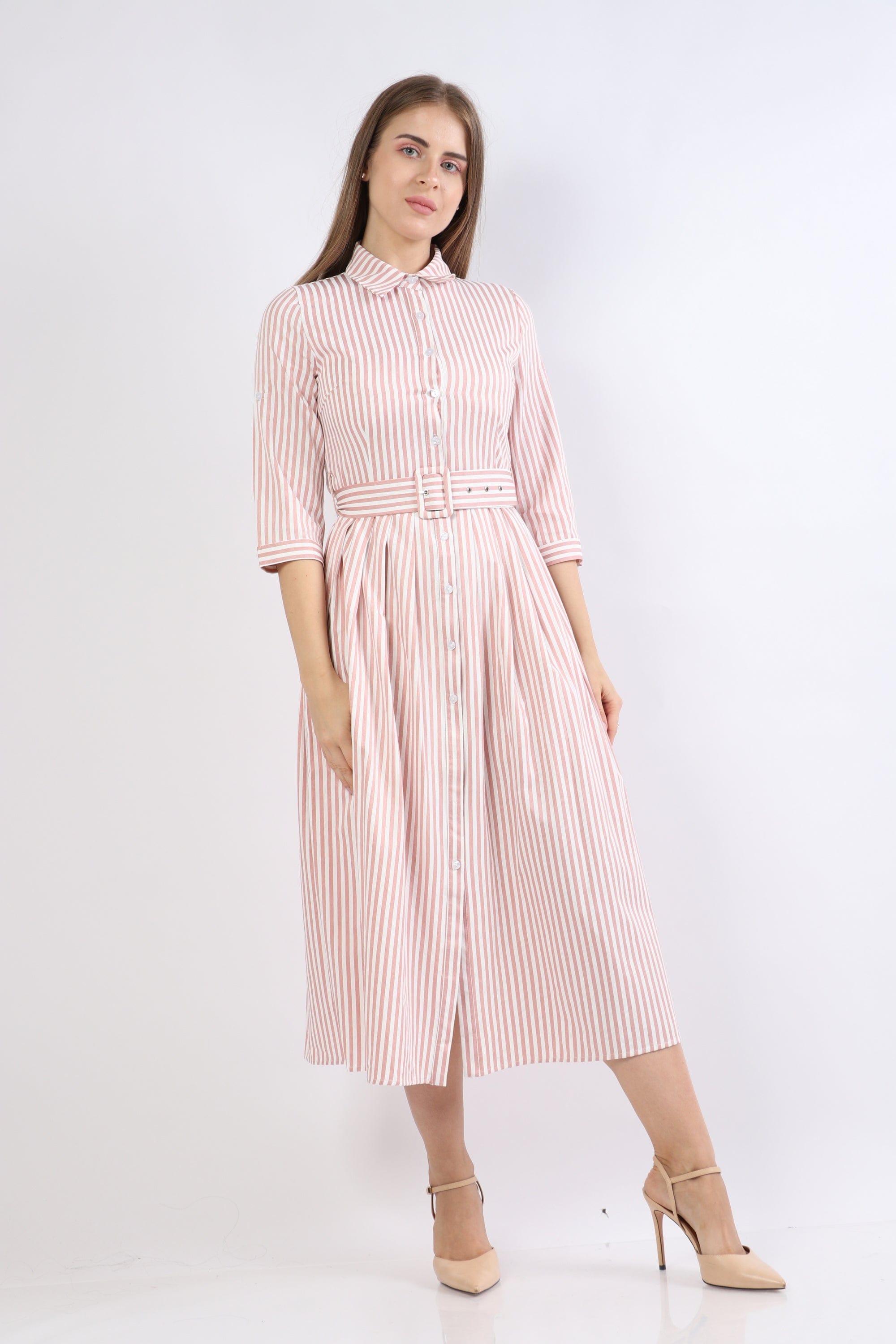 نتشي فستان ميدي مخطط بالطول بحزام علي الخصر