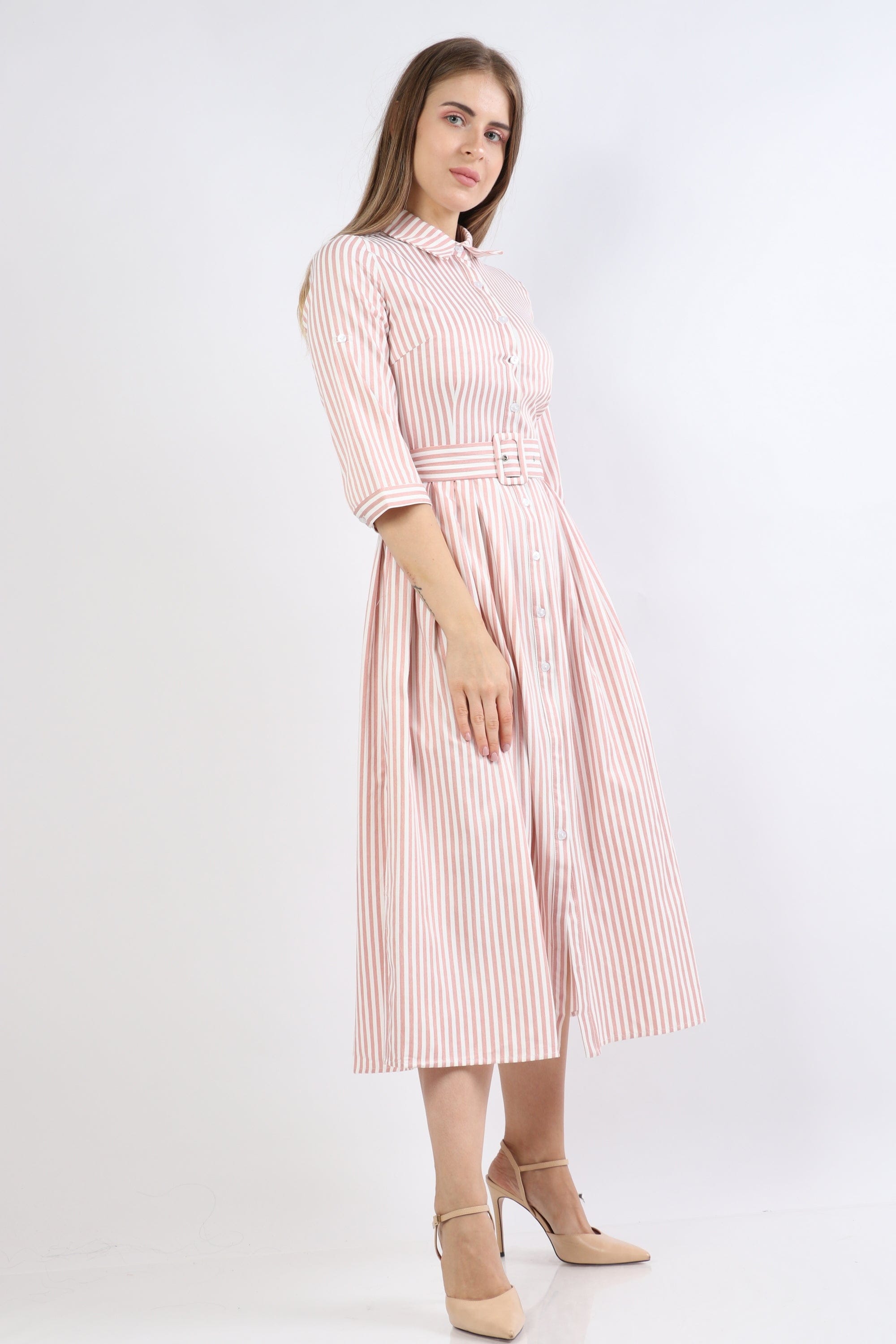 نتشي فستان ميدي مخطط بالطول بحزام علي الخصر