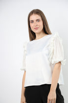 نتشي بلوزة رسمية حرير بأكمام قصيرة شيفون نسائي