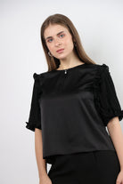 نتشي بلوزة رسمية حرير بأكمام قصيرة شيفون نسائي