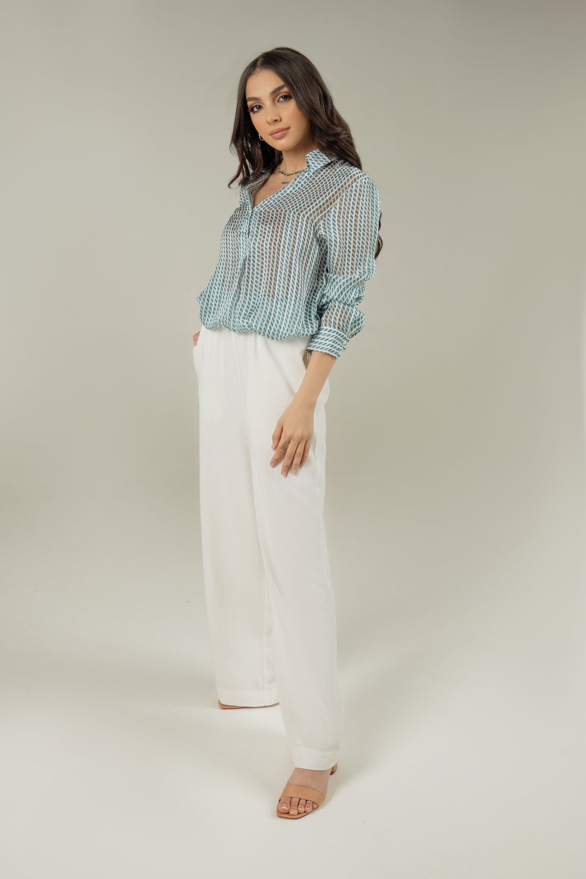 نتشي قميص منقوش واسع كم طويل نسائي أخضر ليما