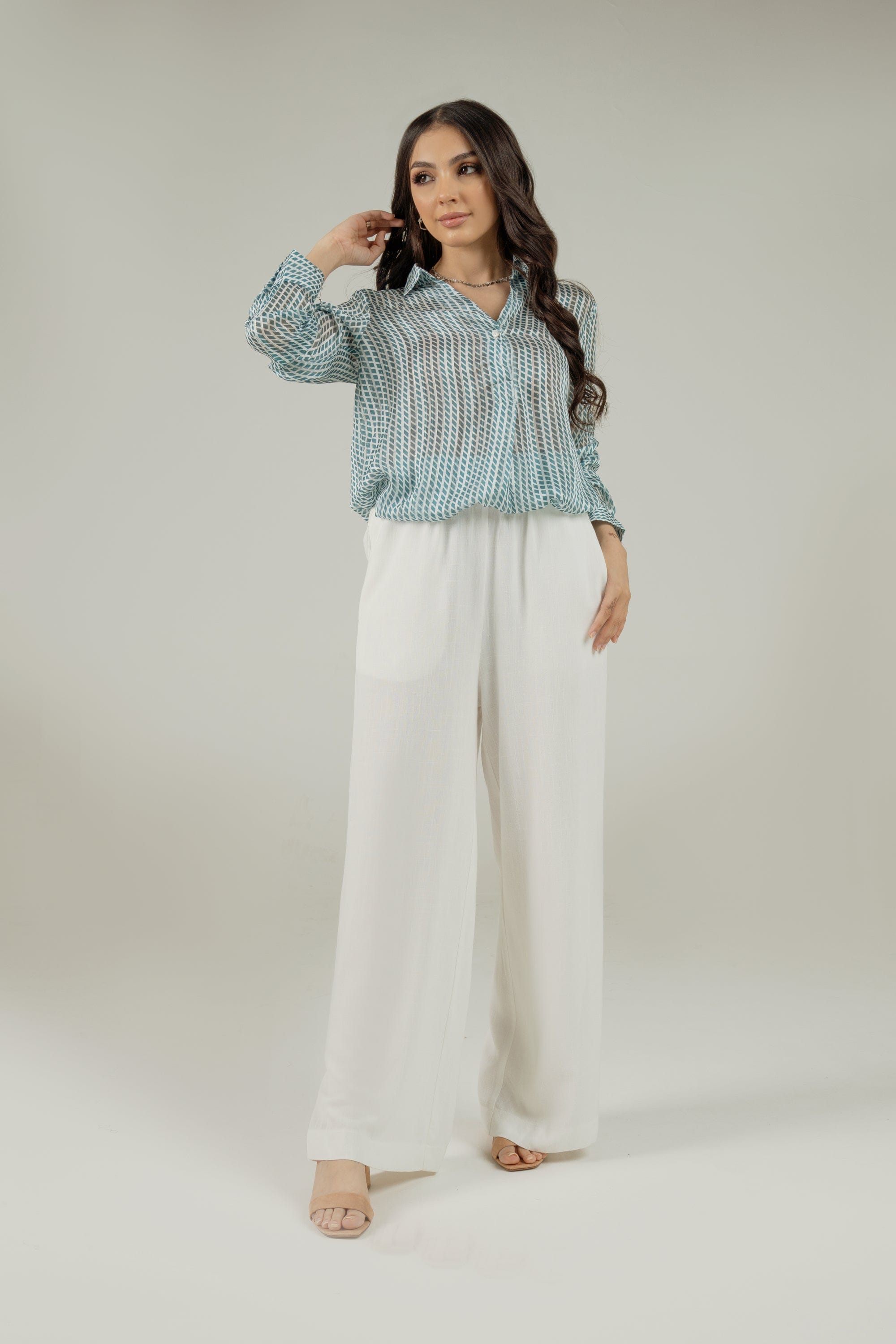 نتشي قميص منقوش واسع كم طويل نسائي أخضر ليما