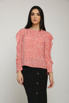 نتشي بلوزة منقوشة بكم طويل مزين بكشكش نسائي