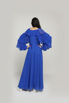 نتشي فستان طويل شيفون وبوليستر سادة كم طويل طبقات