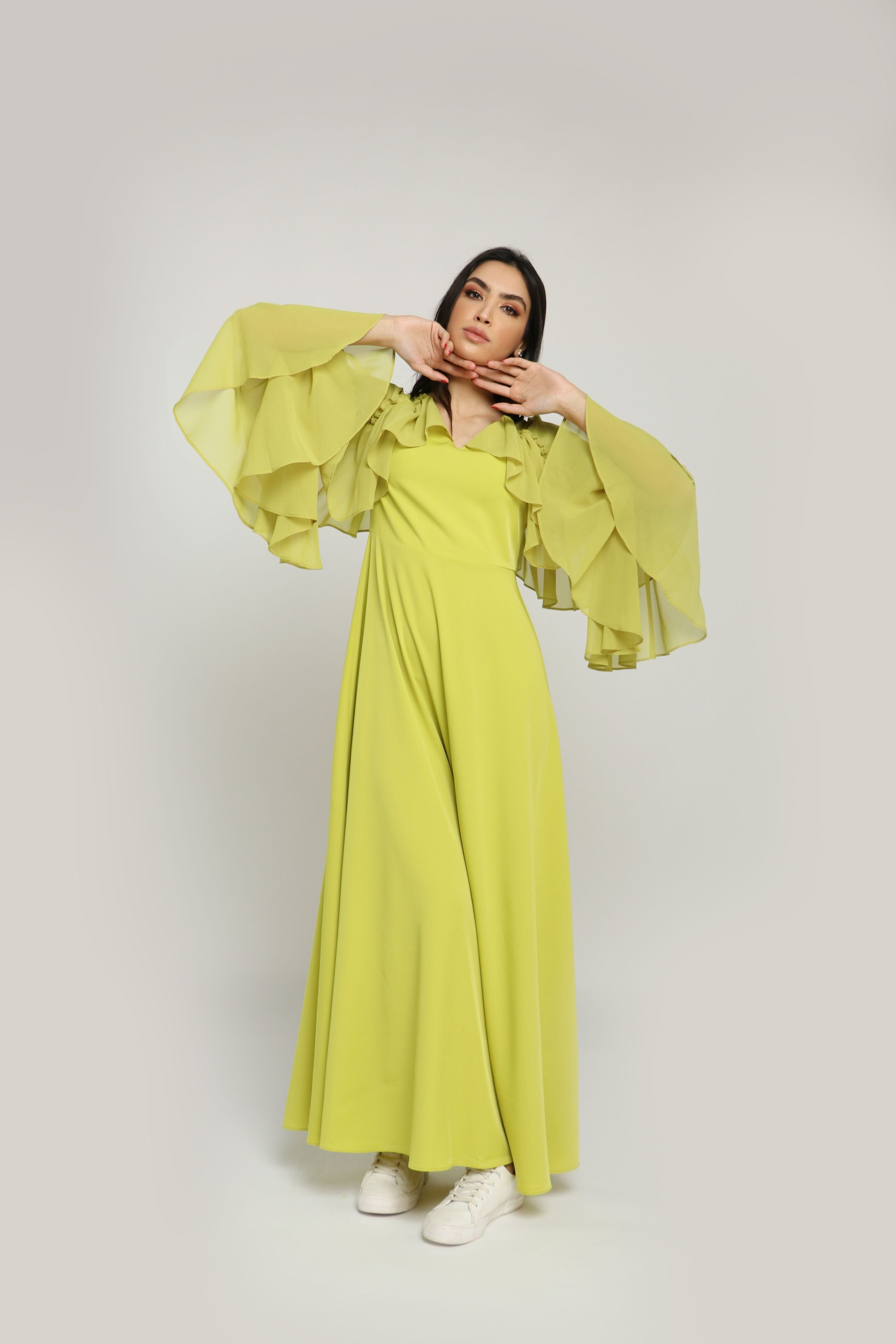 نتشي فستان طويل شيفون وبوليستر سادة كم طويل طبقات