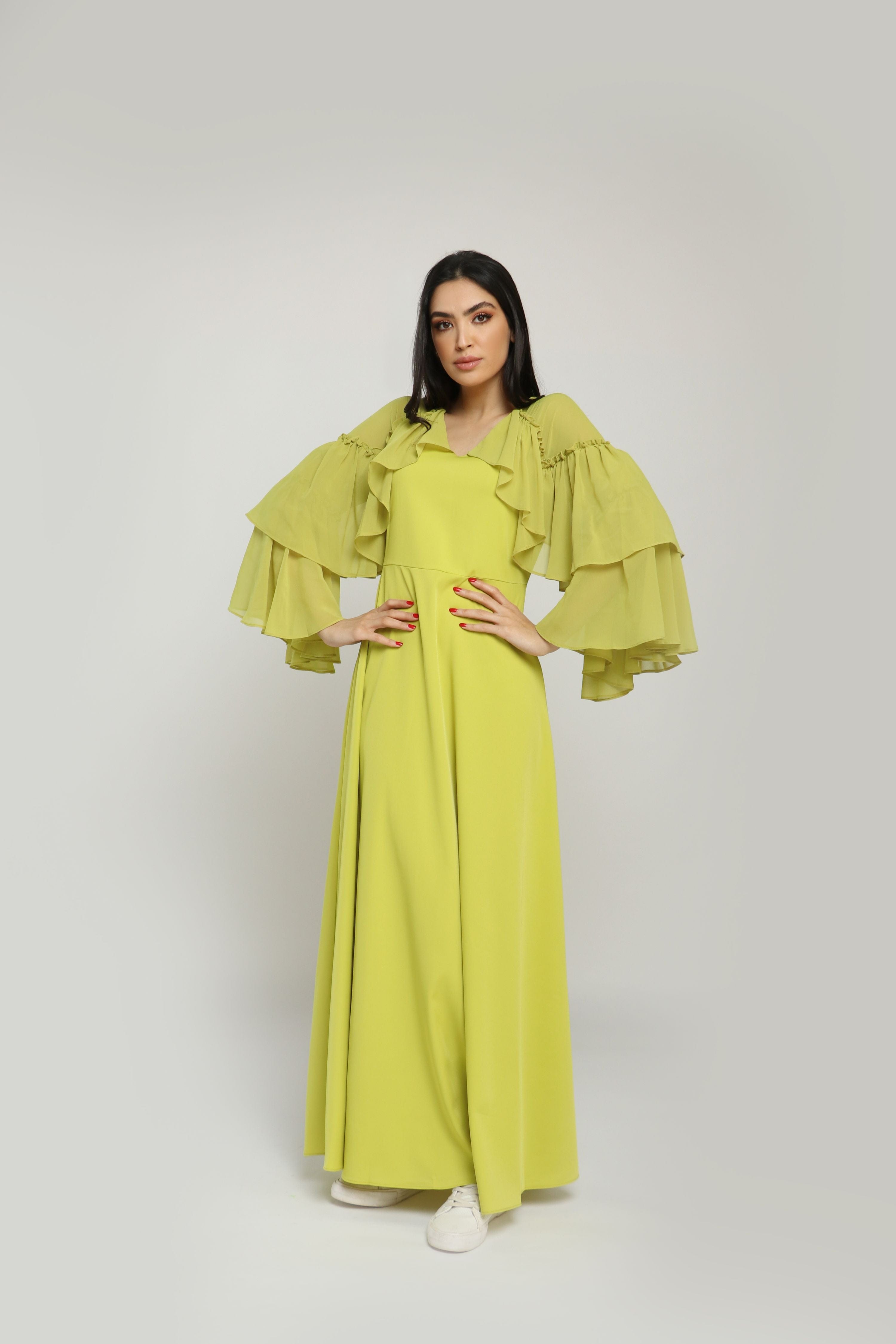 نتشي فستان طويل شيفون وبوليستر سادة كم طويل طبقات