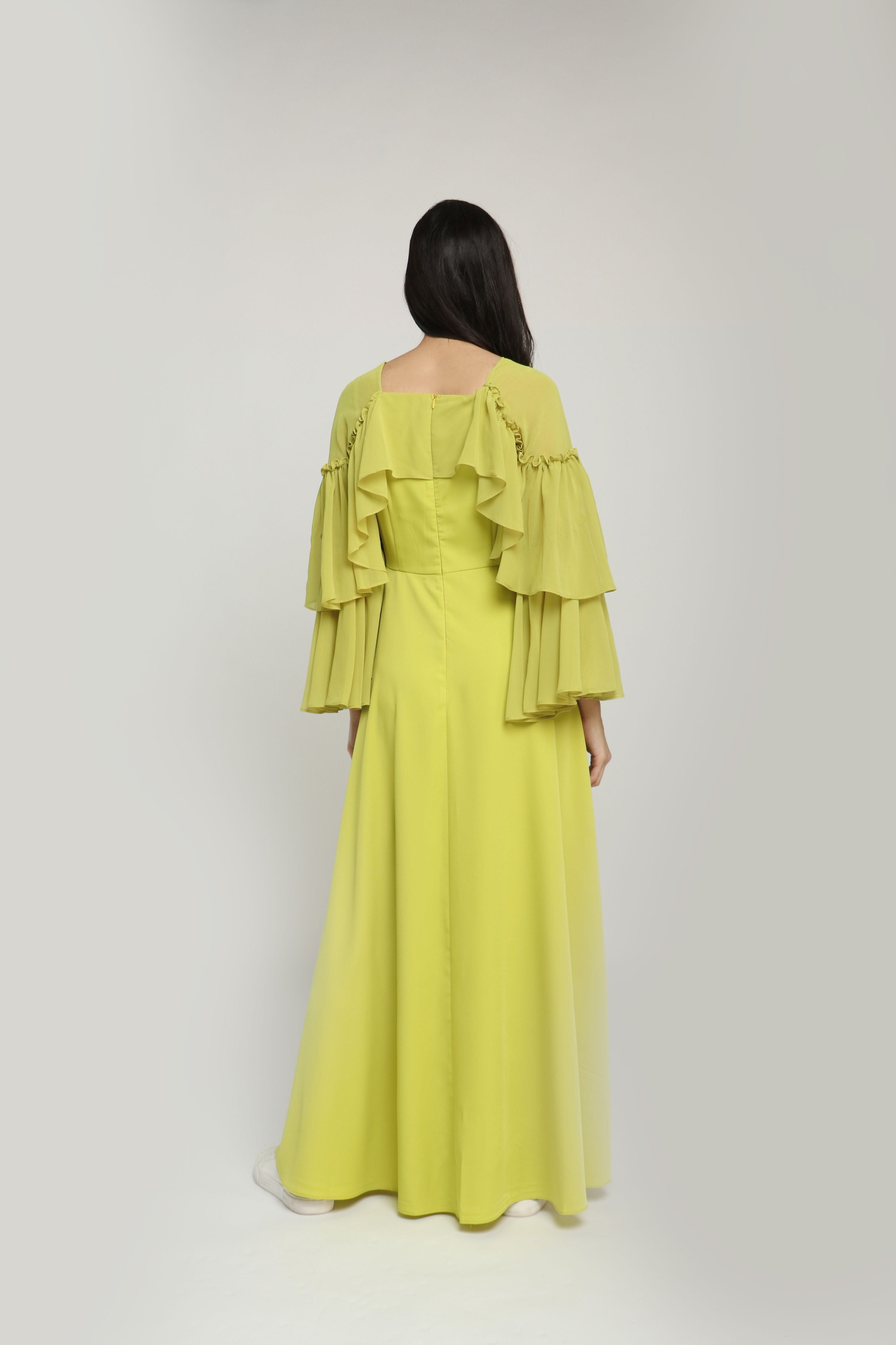 نتشي فستان طويل شيفون وبوليستر سادة كم طويل طبقات