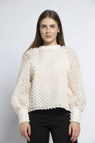 نتشي بلوزة شيفون منقوش كم طويل منفوخ بأساور نسائي