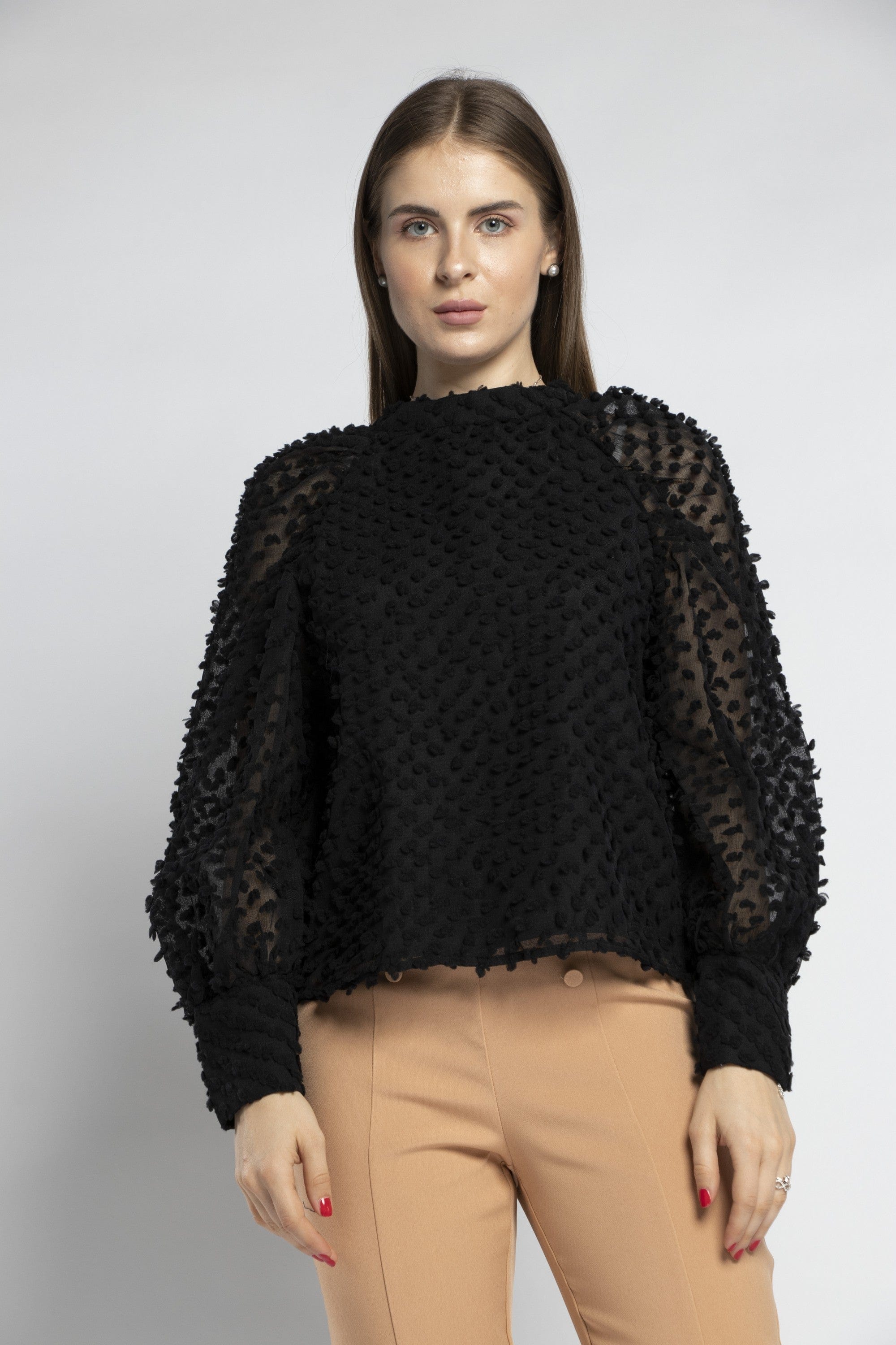 نتشي بلوزة شيفون منقوش كم طويل منفوخ بأساور نسائي