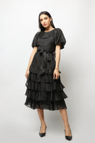 نتشي فستان ميدي شيفون مكشكش بربطة عند الخصر بكم قصير