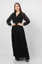 نتشي فستان طويل بيليسيه بفتحة سبعة بأكمام شيفون طويلة