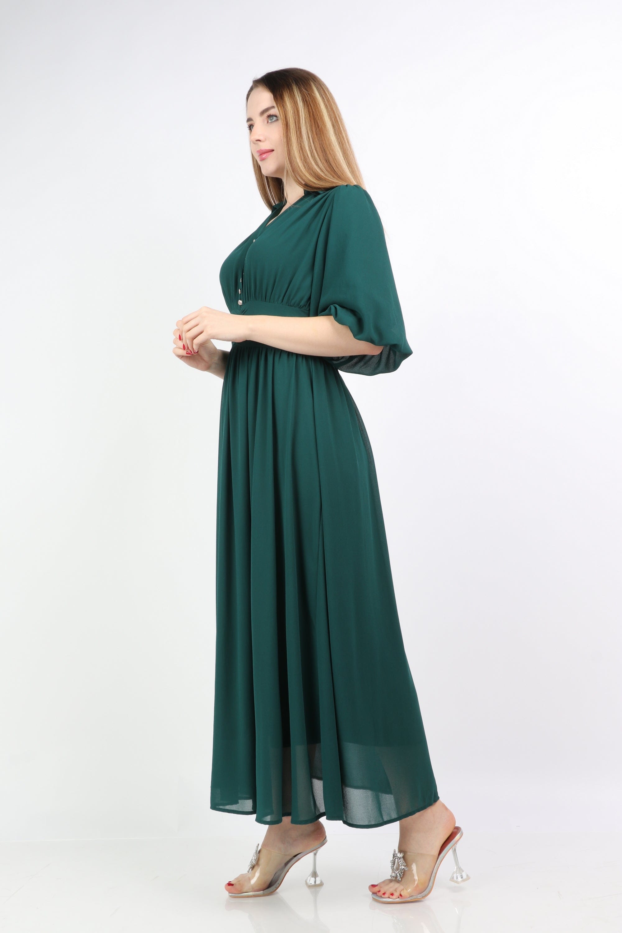 نتشي فستان كلاسيكي مخصر منفوش سادة 3/4 كم نسائي