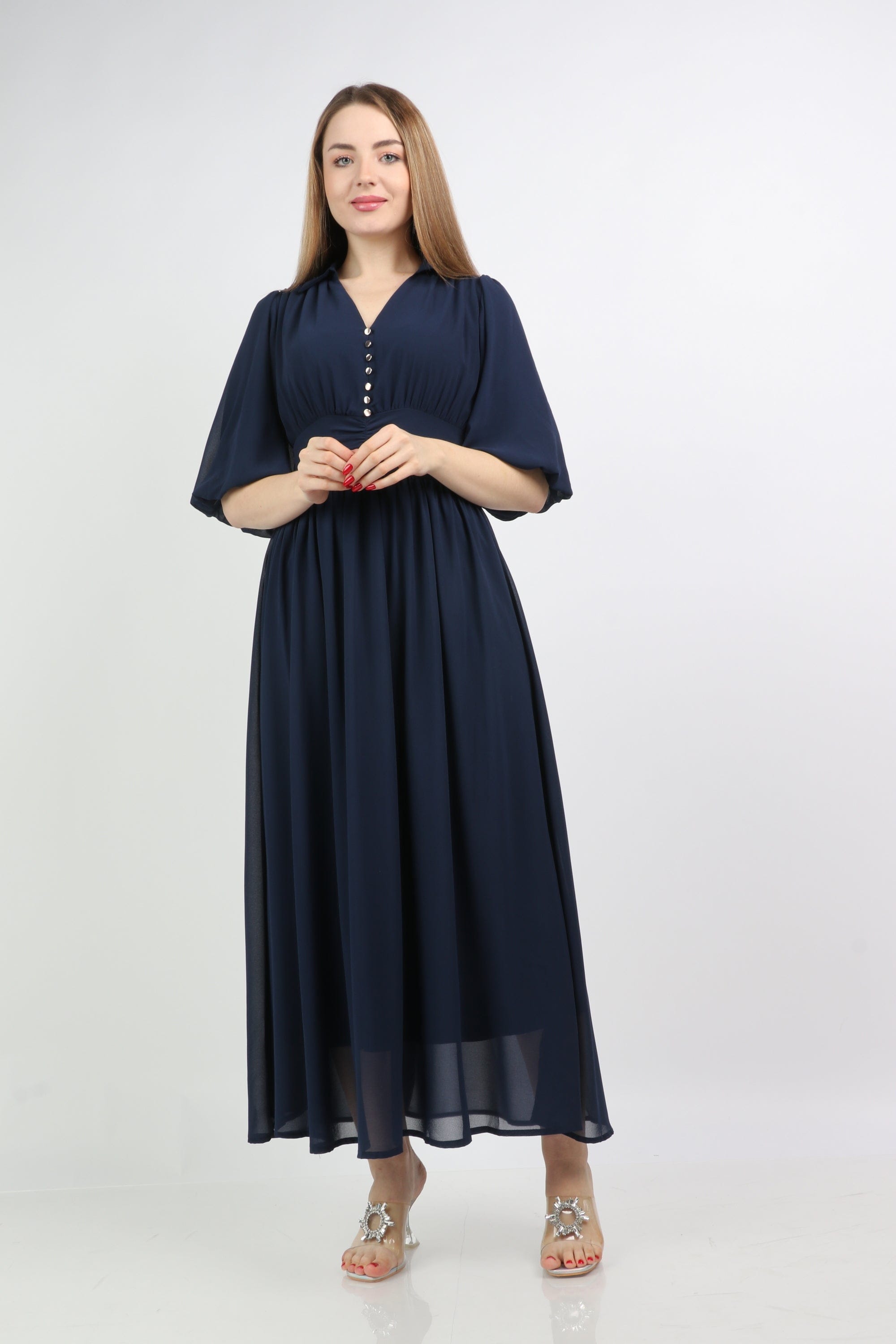 نتشي فستان كلاسيكي مخصر منفوش سادة 3/4 كم نسائي