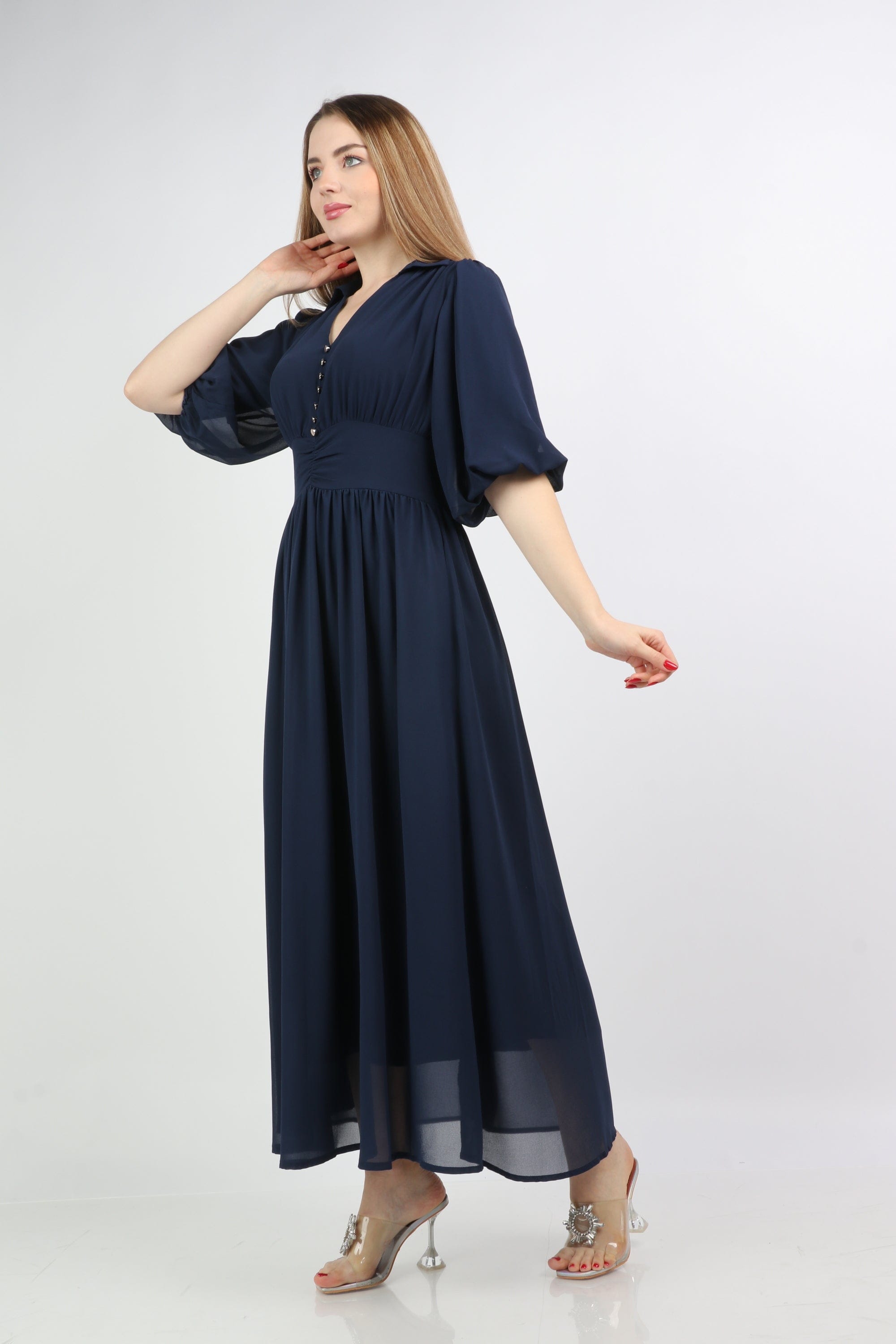 نتشي فستان كلاسيكي مخصر منفوش سادة 3/4 كم نسائي