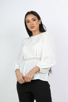 نتشي بلوزة كلاسيك مخصرة بتطريز على الجانبين كم طويل منفوخ نسائي