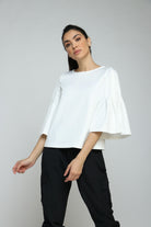 نتشي بلوزة سادة رقبة دائرية كم واسع منفوش نسائي