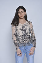 نتشي بلوزة مشجرة مخصرة فتحة سبعة كم طويل نسائي بيج