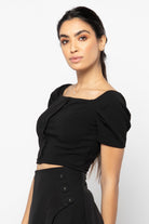 نتشي بلوزة بياقة مربعة بأزرار أمامية كم قصير بف نسائي