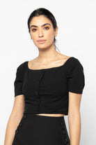 نتشي بلوزة بياقة مربعة بأزرار أمامية كم قصير بف نسائي