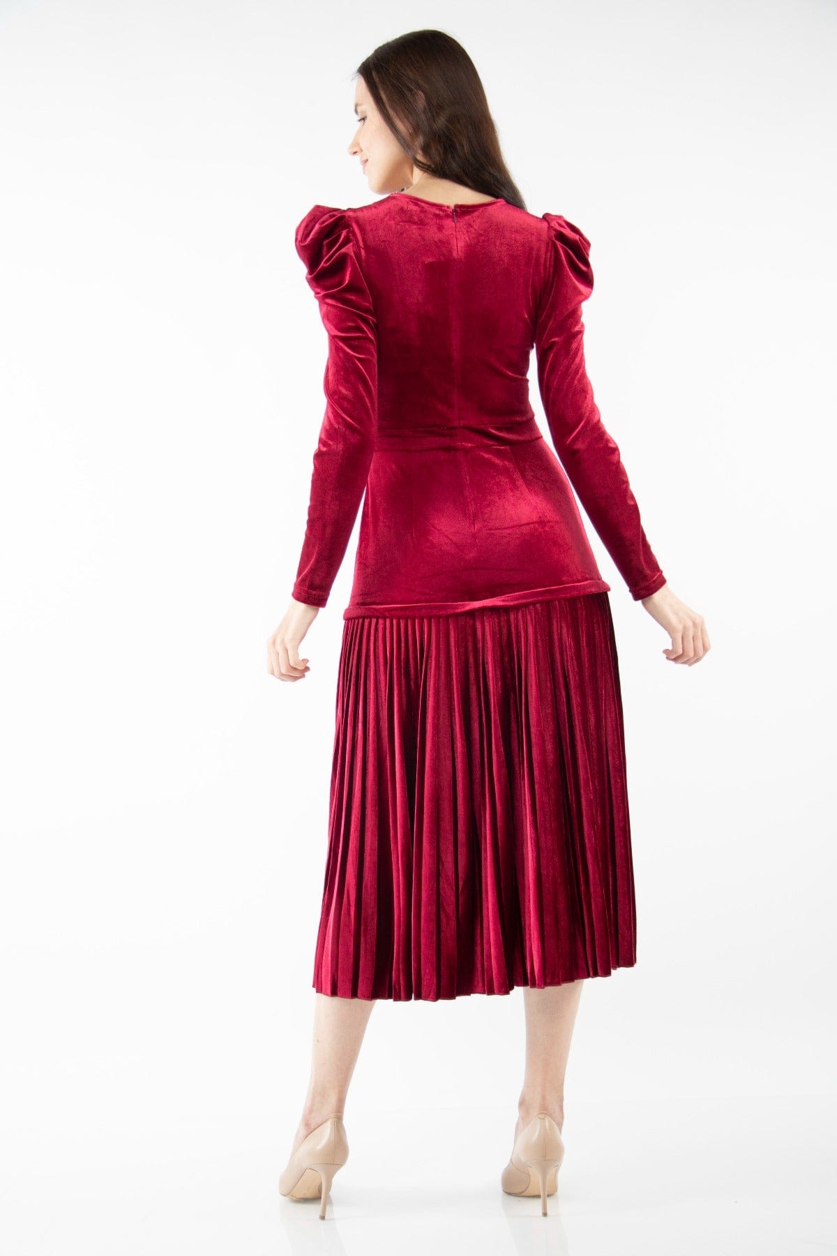 نتشي فستان ميدي سادة بأكمام طويلة كتف مرتفع