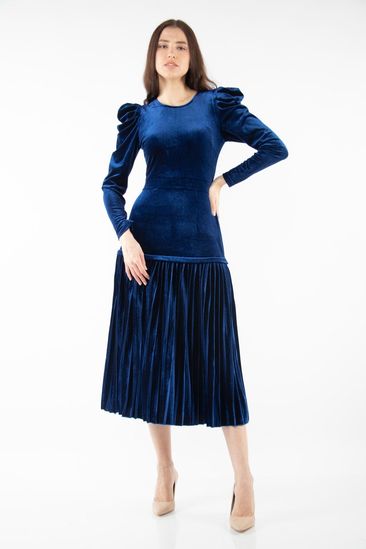 نتشي فستان ميدي سادة بأكمام طويلة كتف مرتفع