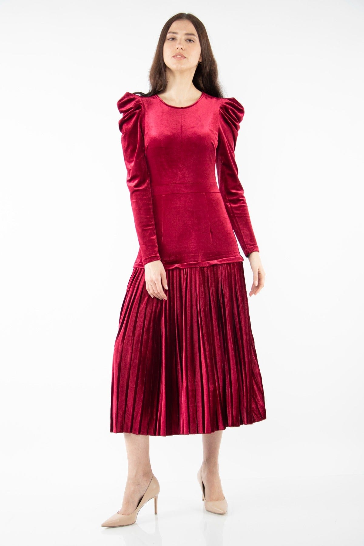 نتشي فستان ميدي سادة بأكمام طويلة كتف مرتفع