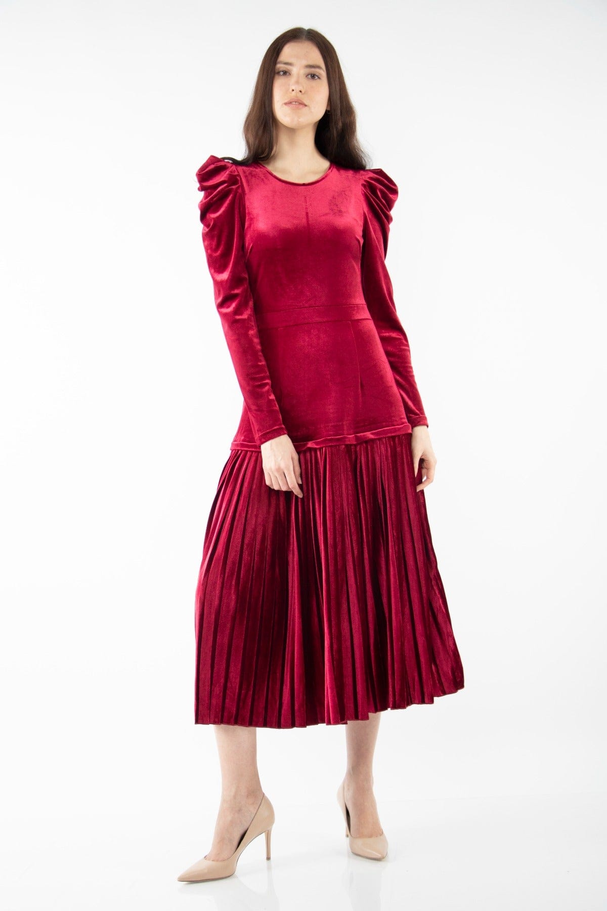 نتشي فستان ميدي سادة بأكمام طويلة كتف مرتفع